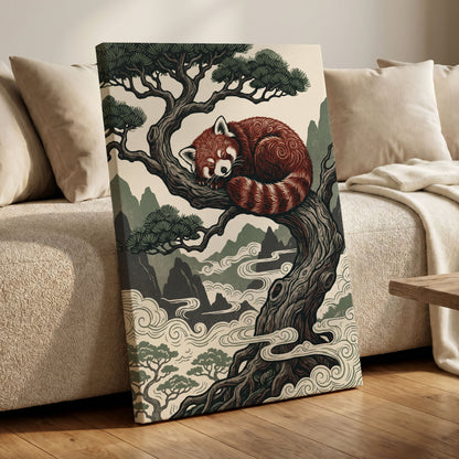 Red Panda Reverie, red, green, beige nature wall art displayed in a styled interior, gallery view 7