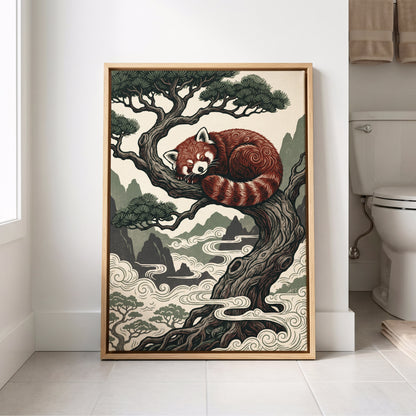 Red Panda Reverie, red, green, beige nature wall art displayed in a styled interior, gallery view 8