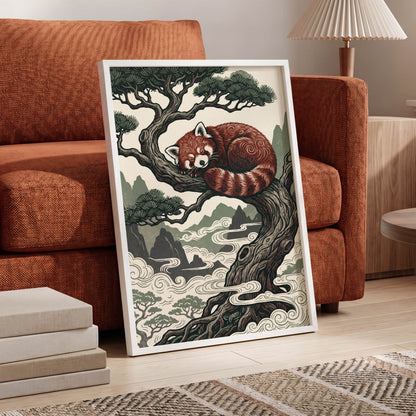 Red Panda Reverie, red, green, beige nature wall art displayed in a styled interior, gallery view 9