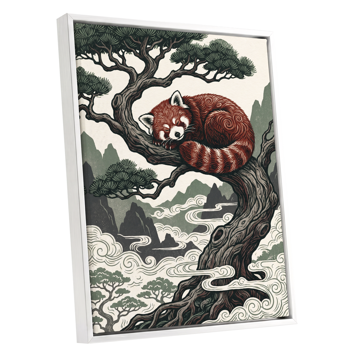 Red Panda Reverie, red, green, beige nature wall art shown as a white framed canvas wall art