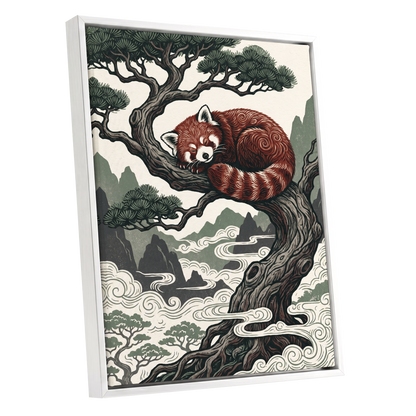 Red Panda Reverie, red, green, beige nature wall art shown as a white framed canvas wall art
