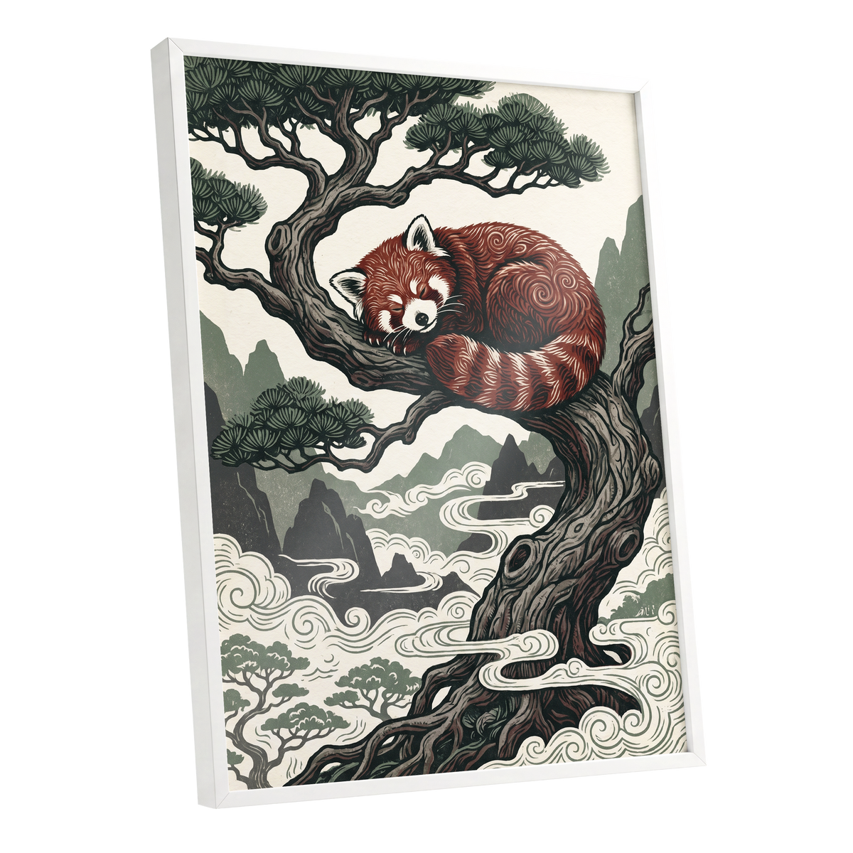 Red Panda Reverie, red, green, beige nature wall art shown as a white framed poster wall art print
