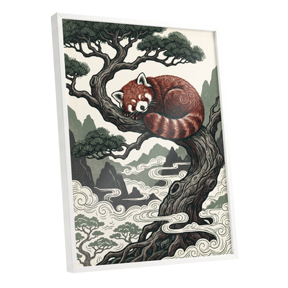 Red Panda Reverie, red, green, beige nature wall art shown as a white framed poster wall art print