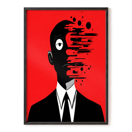 Redacted Persona, red, black, white abstract wall art, front artwork view