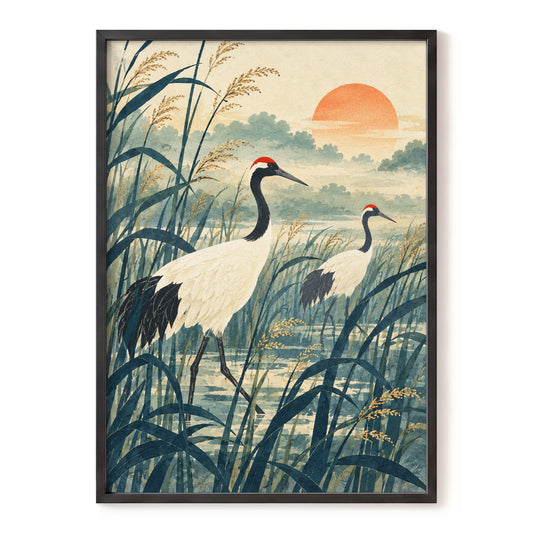 Reedbed Reverie, beige, blue, green nature wall art, front artwork view