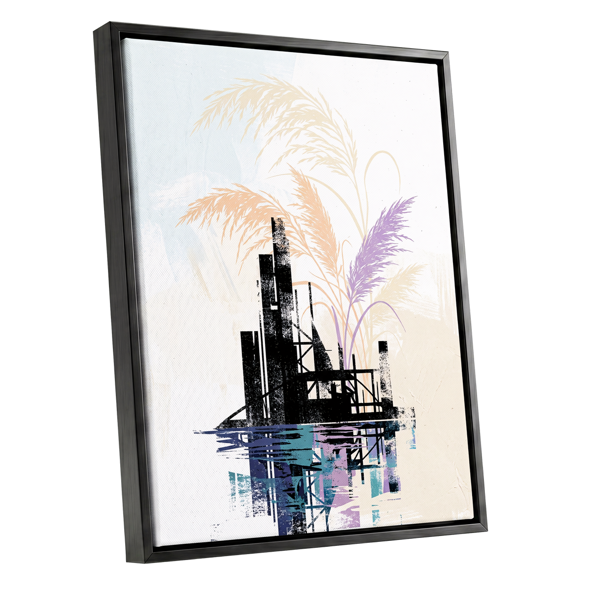 Reeds Beyond the Ruins, black, white, beige nature wall art shown as a black framed canvas wall art