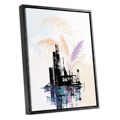 Reeds Beyond the Ruins, black, white, beige nature wall art shown as a black framed canvas wall art