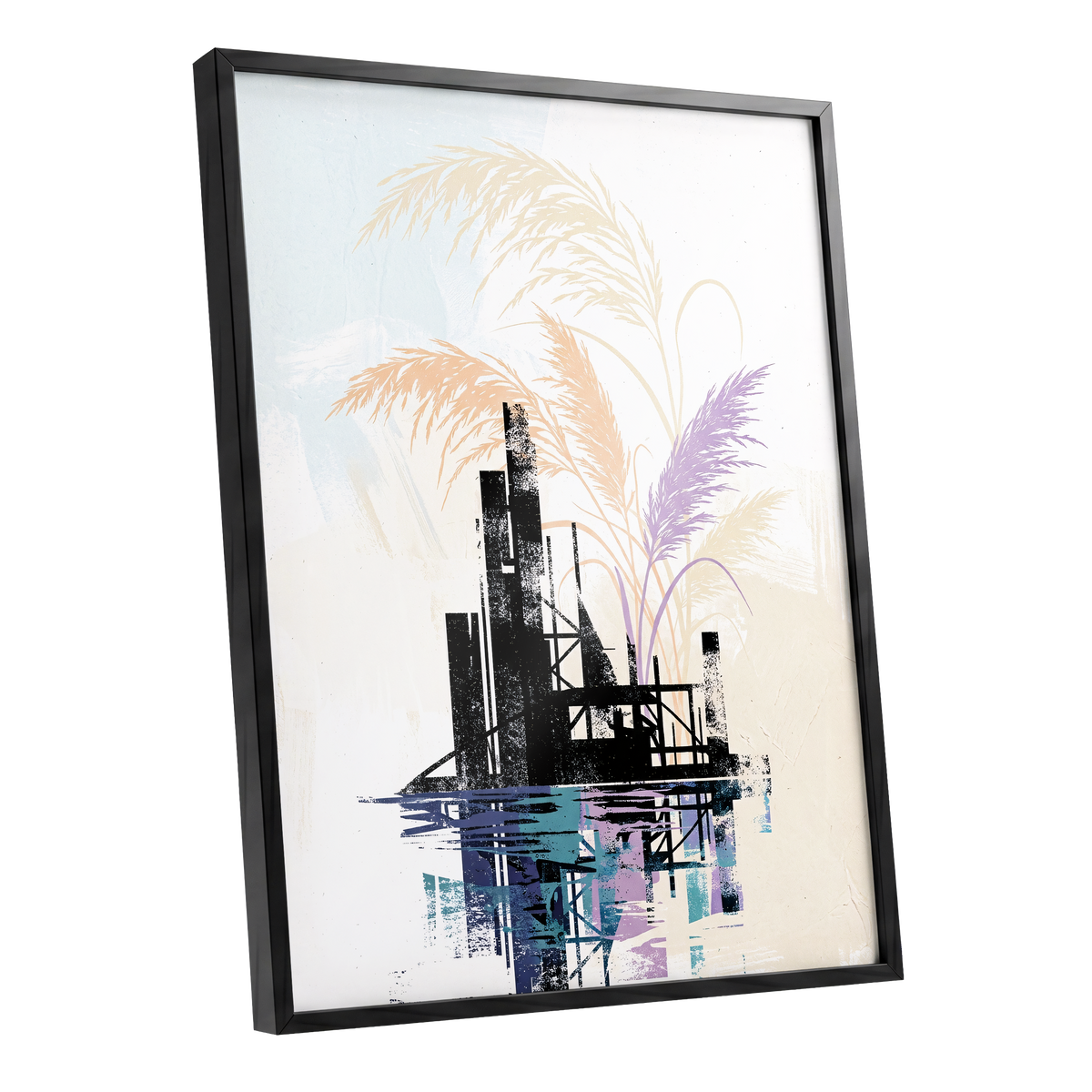 Reeds Beyond the Ruins, black, white, beige nature wall art shown as a black framed poster wall art print