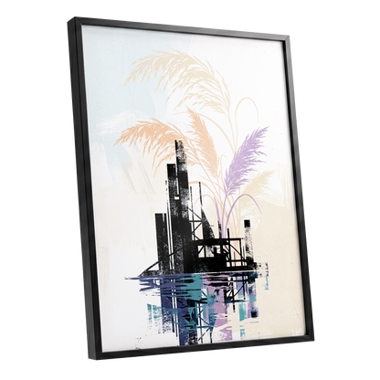 Reeds Beyond the Ruins, black, white, beige nature wall art shown as a black framed poster wall art print