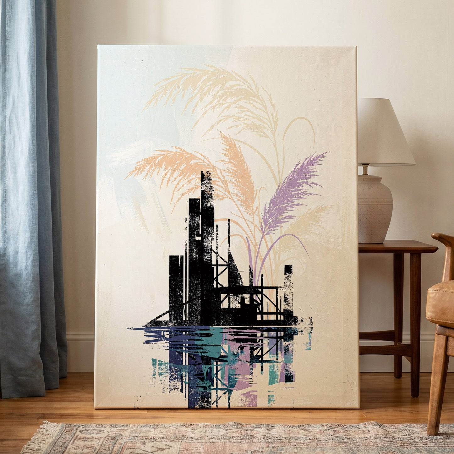 Reeds Beyond the Ruins, black, white, beige nature wall art on canvas displayed in a styled interior, gallery view 1