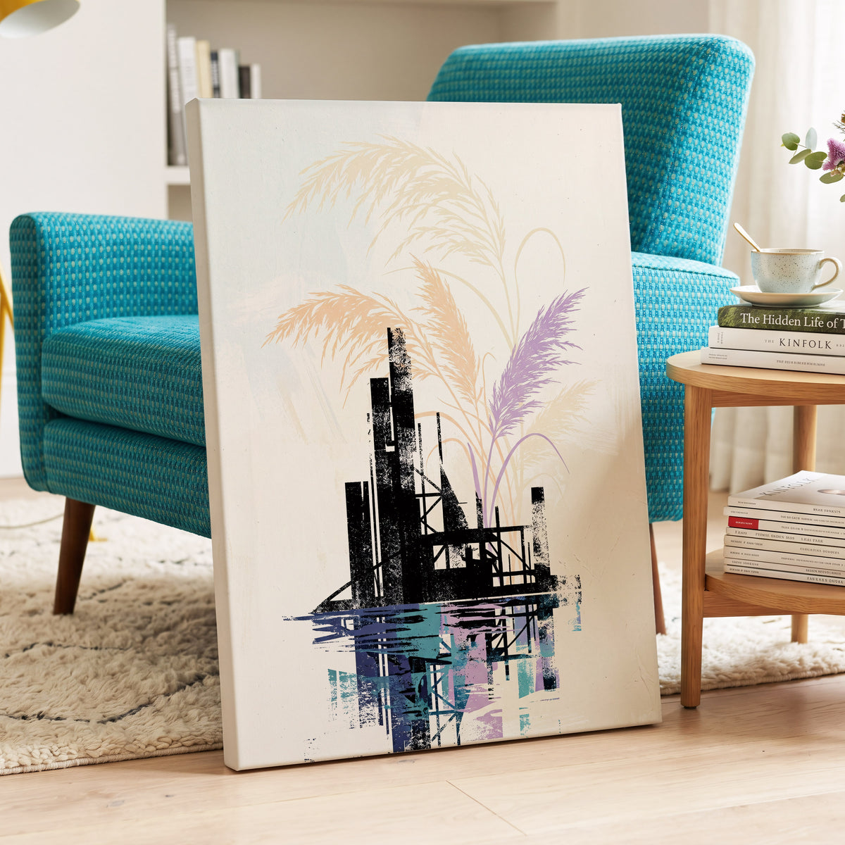 Reeds Beyond the Ruins, black, white, beige nature wall art on canvas displayed in a styled interior, gallery view 2