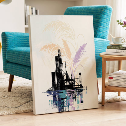 Reeds Beyond the Ruins, black, white, beige nature wall art on canvas displayed in a styled interior, gallery view 2