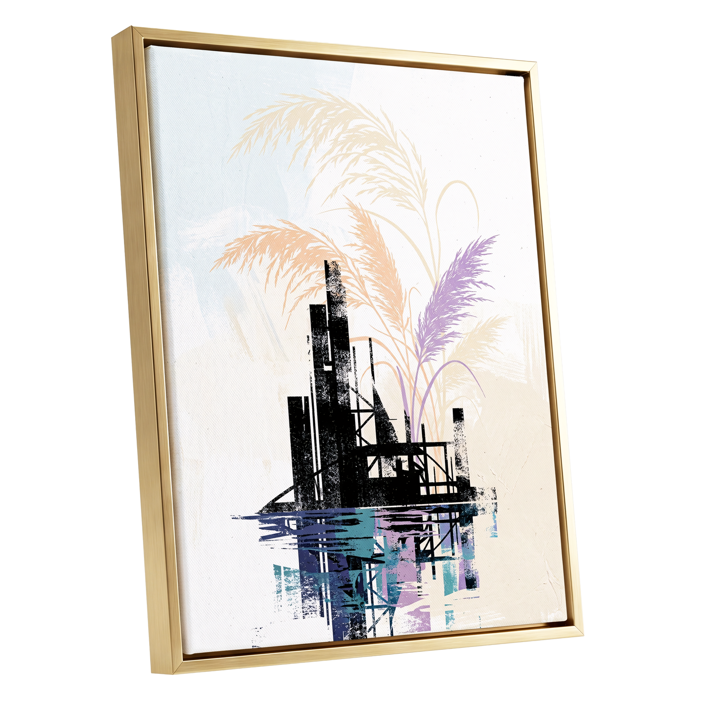 Reeds Beyond the Ruins, black, white, beige nature wall art shown as a gold framed canvas wall art