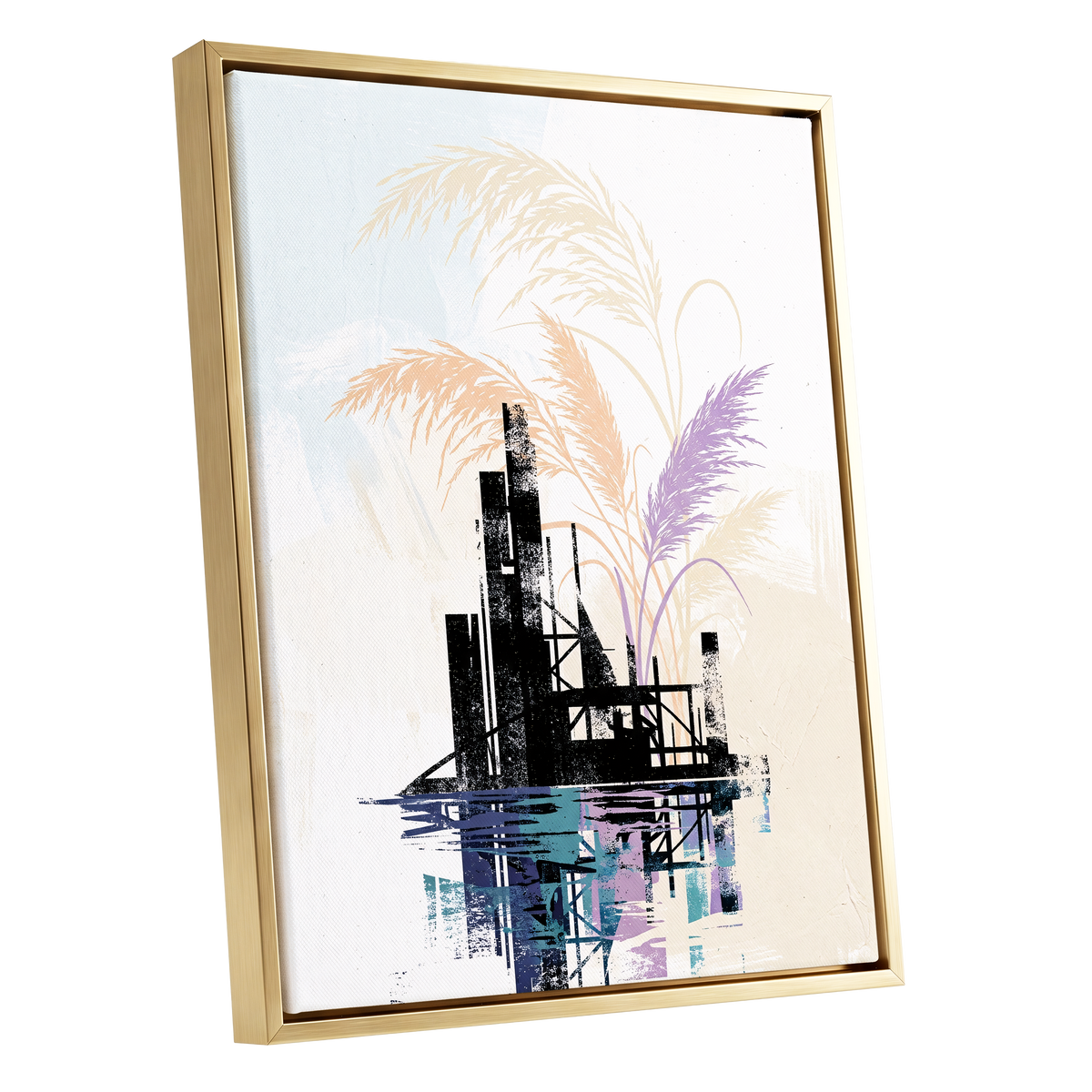 Reeds Beyond the Ruins, black, white, beige nature wall art shown as a gold framed canvas wall art