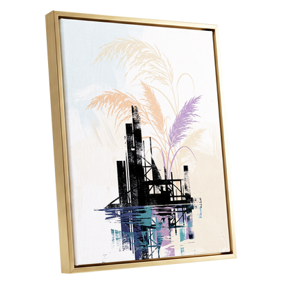 Reeds Beyond the Ruins, black, white, beige nature wall art shown as a gold framed canvas wall art
