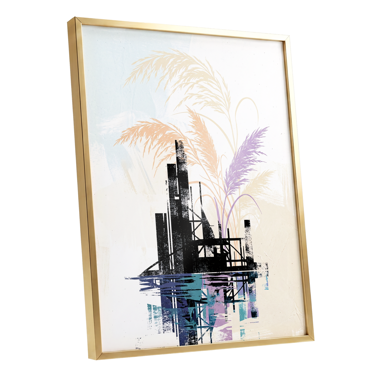 Reeds Beyond the Ruins, black, white, beige nature wall art shown as a gold framed poster wall art print