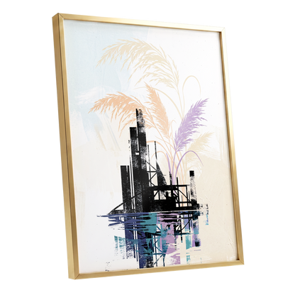 Reeds Beyond the Ruins, black, white, beige nature wall art shown as a gold framed poster wall art print
