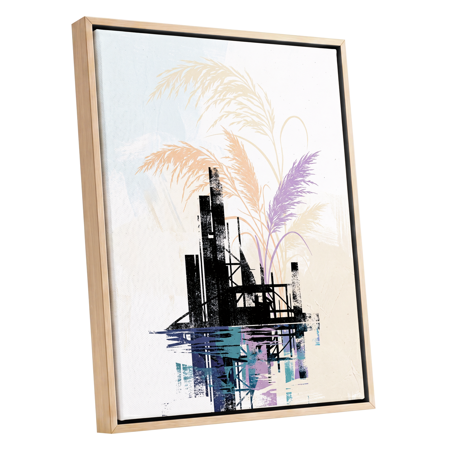 Reeds Beyond the Ruins, black, white, beige nature wall art shown as a oak framed canvas wall art
