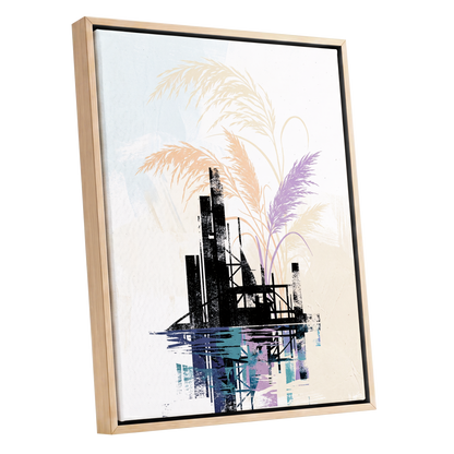 Reeds Beyond the Ruins, black, white, beige nature wall art shown as a oak framed canvas wall art