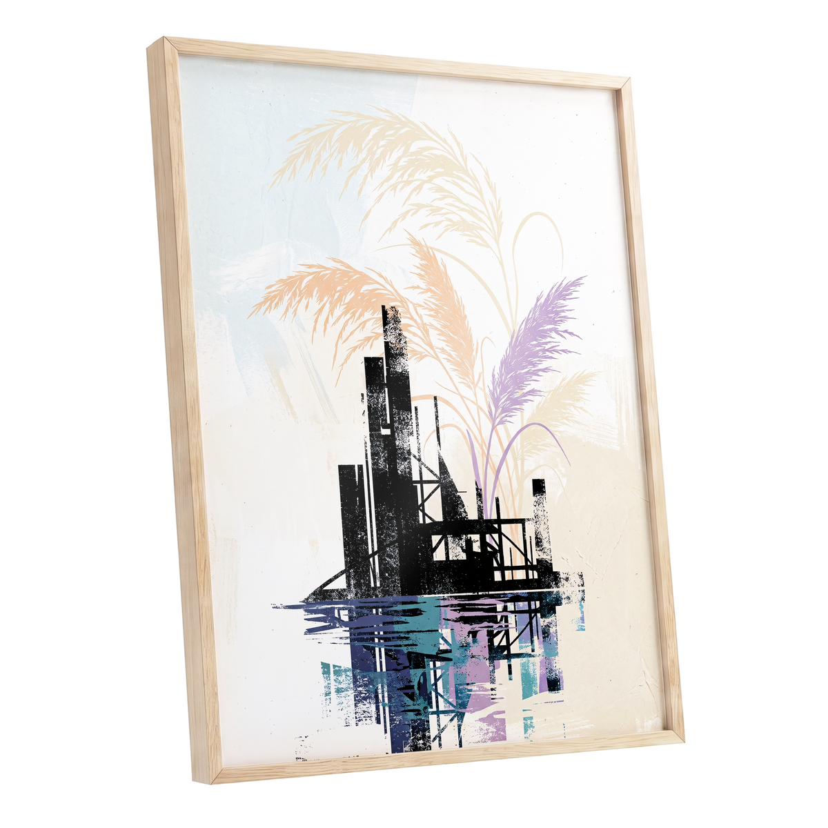 Reeds Beyond the Ruins, black, white, beige nature wall art shown as a oak framed poster wall art print