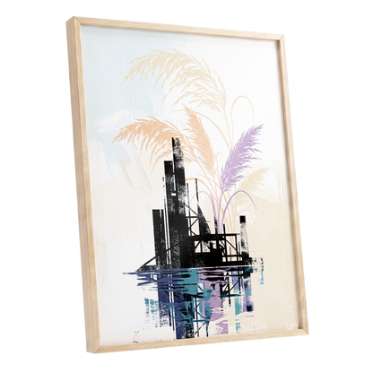 Reeds Beyond the Ruins, black, white, beige nature wall art shown as a oak framed poster wall art print