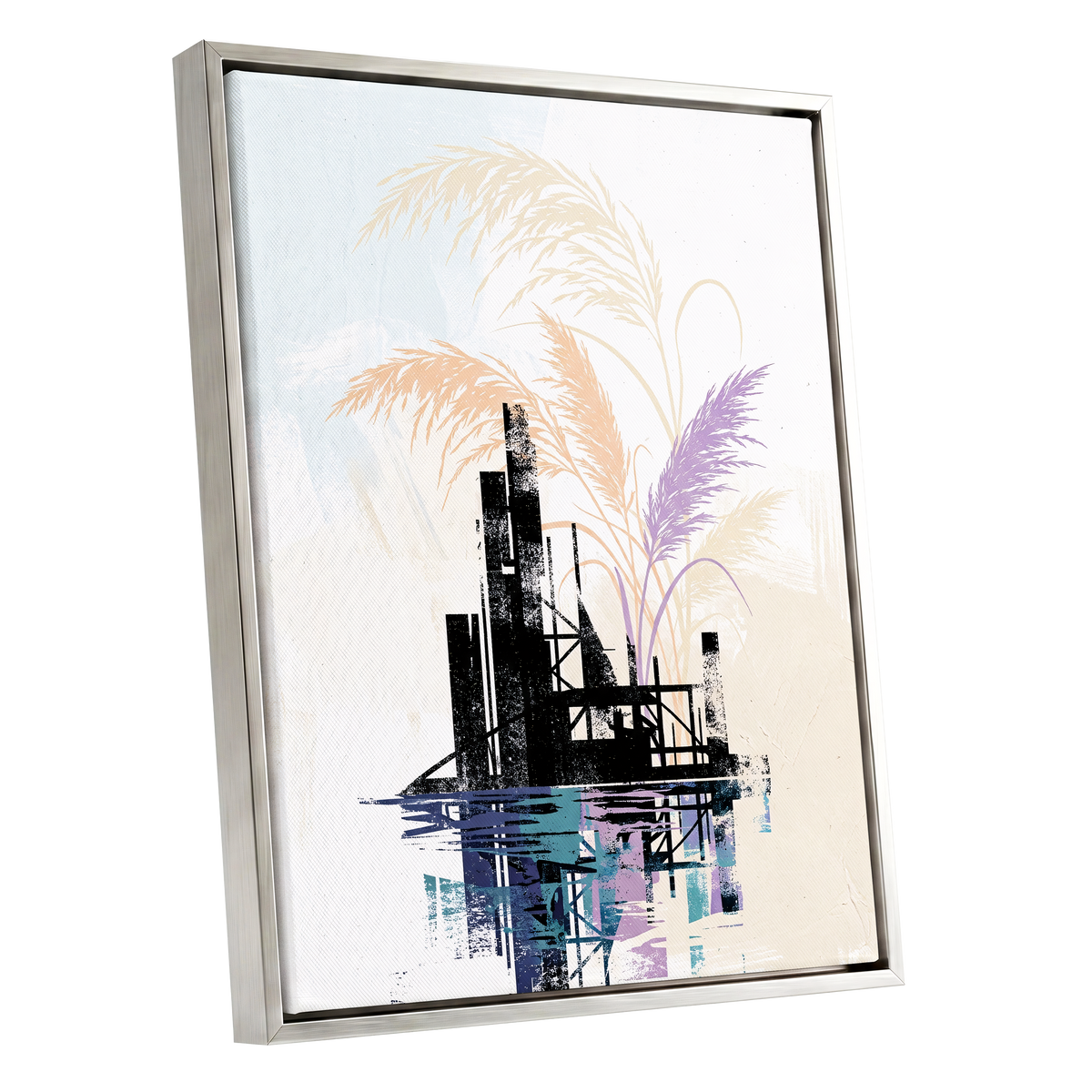 Reeds Beyond the Ruins, black, white, beige nature wall art shown as a silver framed canvas wall art