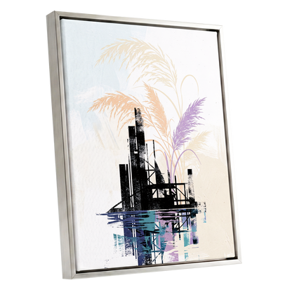 Reeds Beyond the Ruins, black, white, beige nature wall art shown as a silver framed canvas wall art