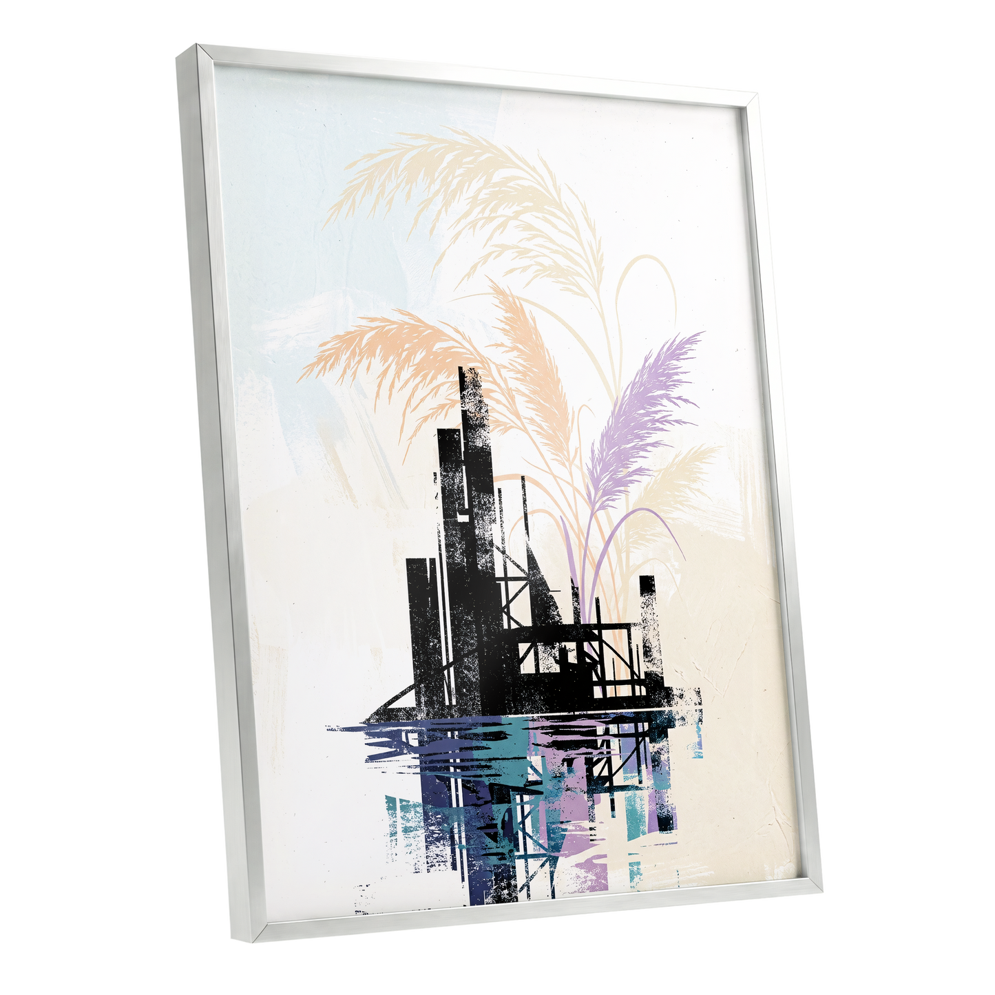 Reeds Beyond the Ruins, black, white, beige nature wall art shown as a silver framed poster wall art print