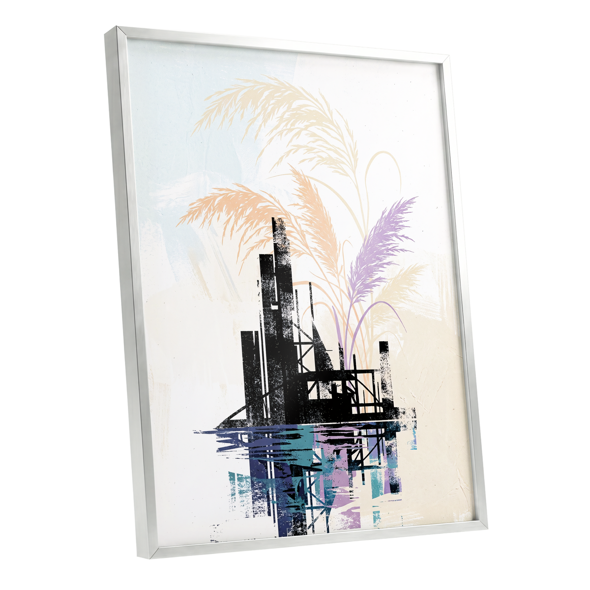 Reeds Beyond the Ruins, black, white, beige nature wall art shown as a silver framed poster wall art print