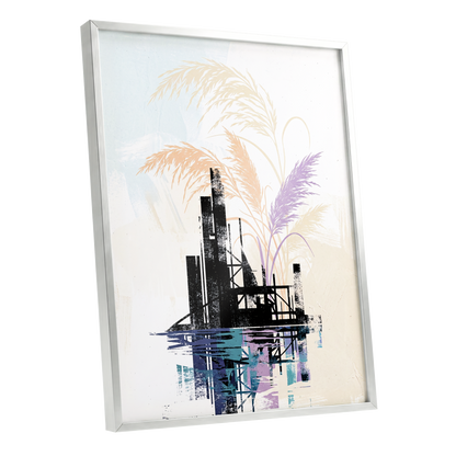 Reeds Beyond the Ruins, black, white, beige nature wall art shown as a silver framed poster wall art print