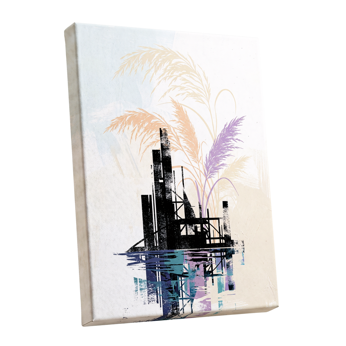 Reeds Beyond the Ruins, black, white, beige nature wall art shown as a stretched canvas wall art