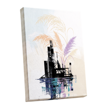 Reeds Beyond the Ruins, black, white, beige nature wall art shown as a stretched canvas wall art