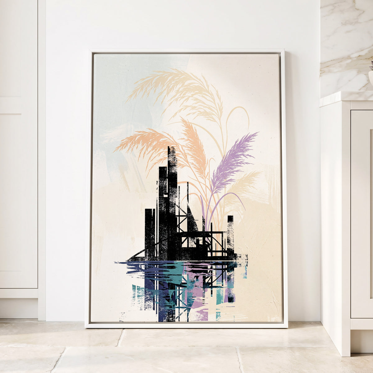 Reeds Beyond the Ruins, black, white, beige nature wall art displayed in a styled interior, gallery view 1