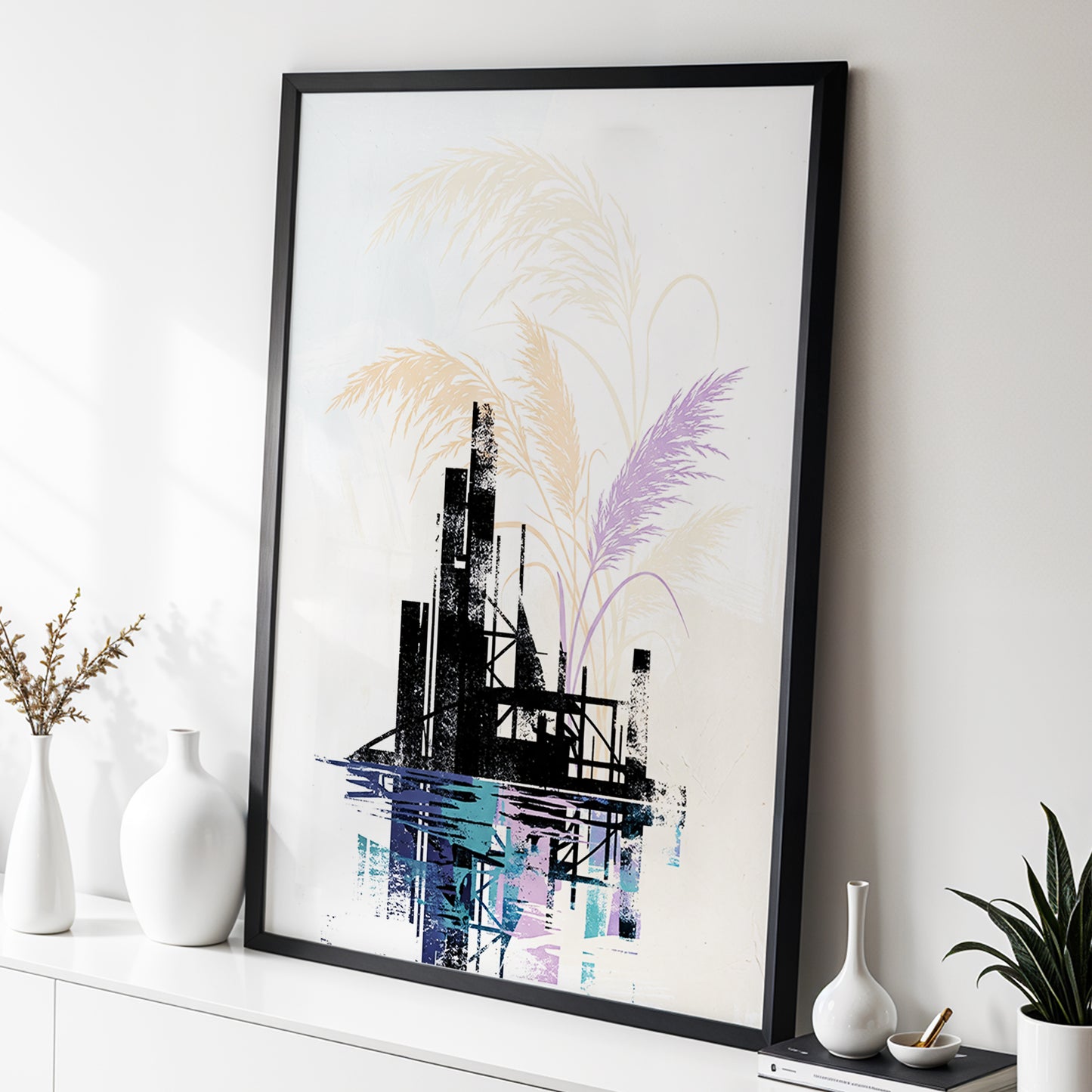 Reeds Beyond the Ruins, black, white, beige nature wall art displayed in a styled interior, gallery view 3