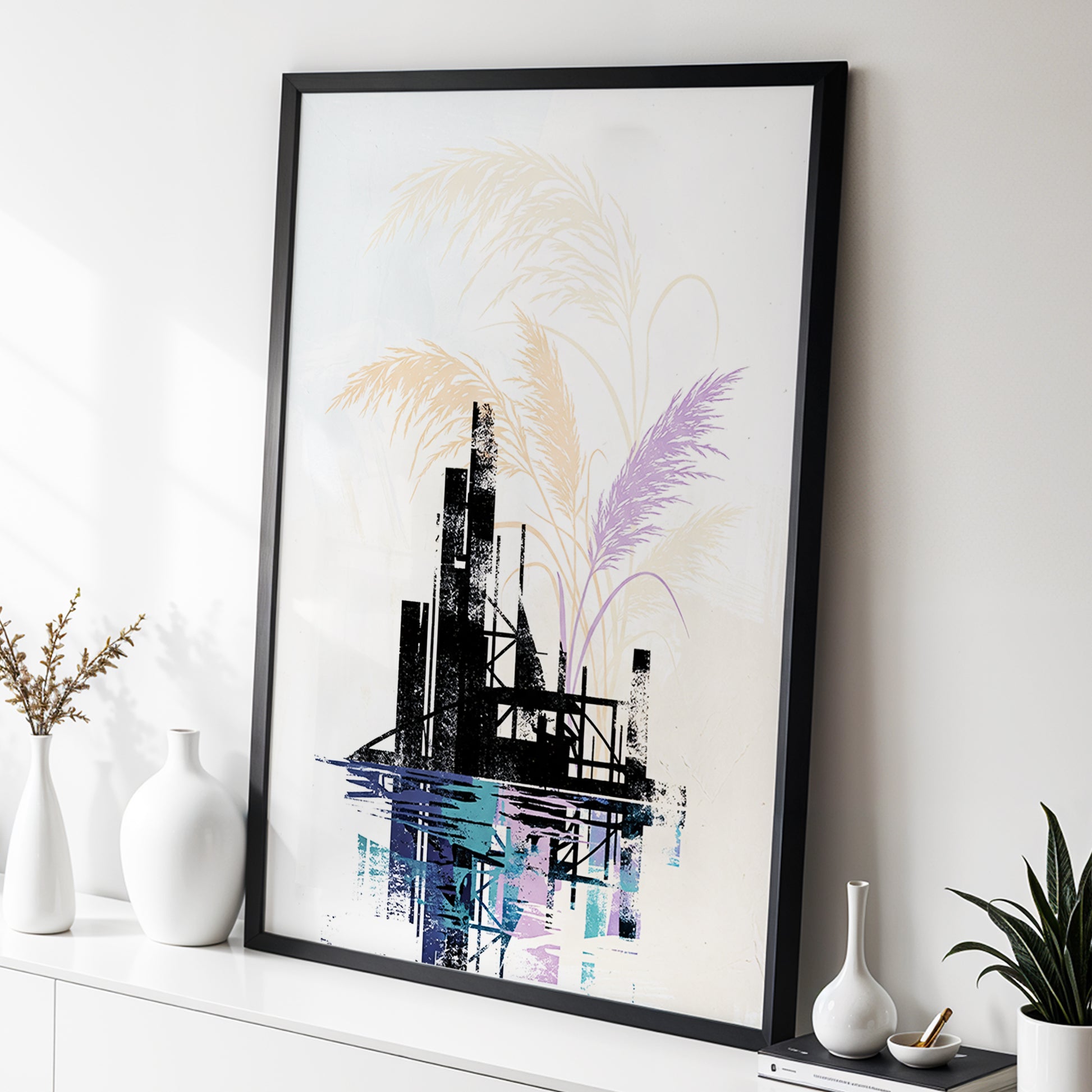 Reeds Beyond the Ruins, black, white, beige nature wall art displayed in a styled interior, gallery view 3