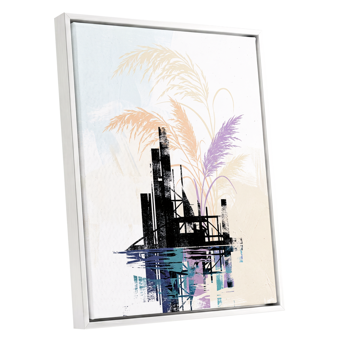 Reeds Beyond the Ruins, black, white, beige nature wall art shown as a white framed canvas wall art