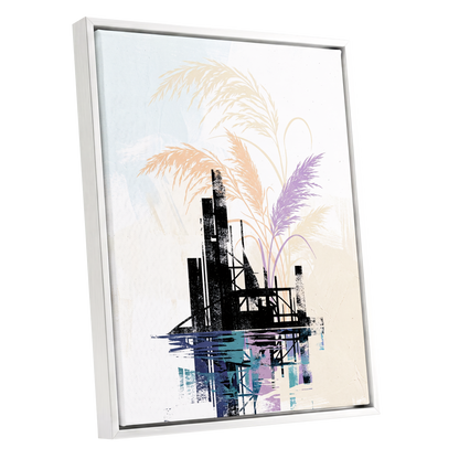 Reeds Beyond the Ruins, black, white, beige nature wall art shown as a white framed canvas wall art