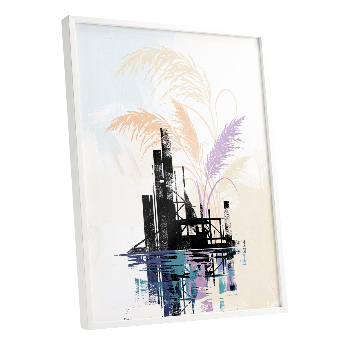 Reeds Beyond the Ruins, black, white, beige nature wall art shown as a white framed poster wall art print