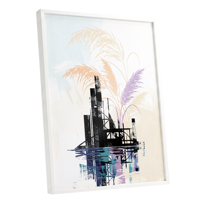 Reeds Beyond the Ruins, black, white, beige nature wall art shown as a white framed poster wall art print