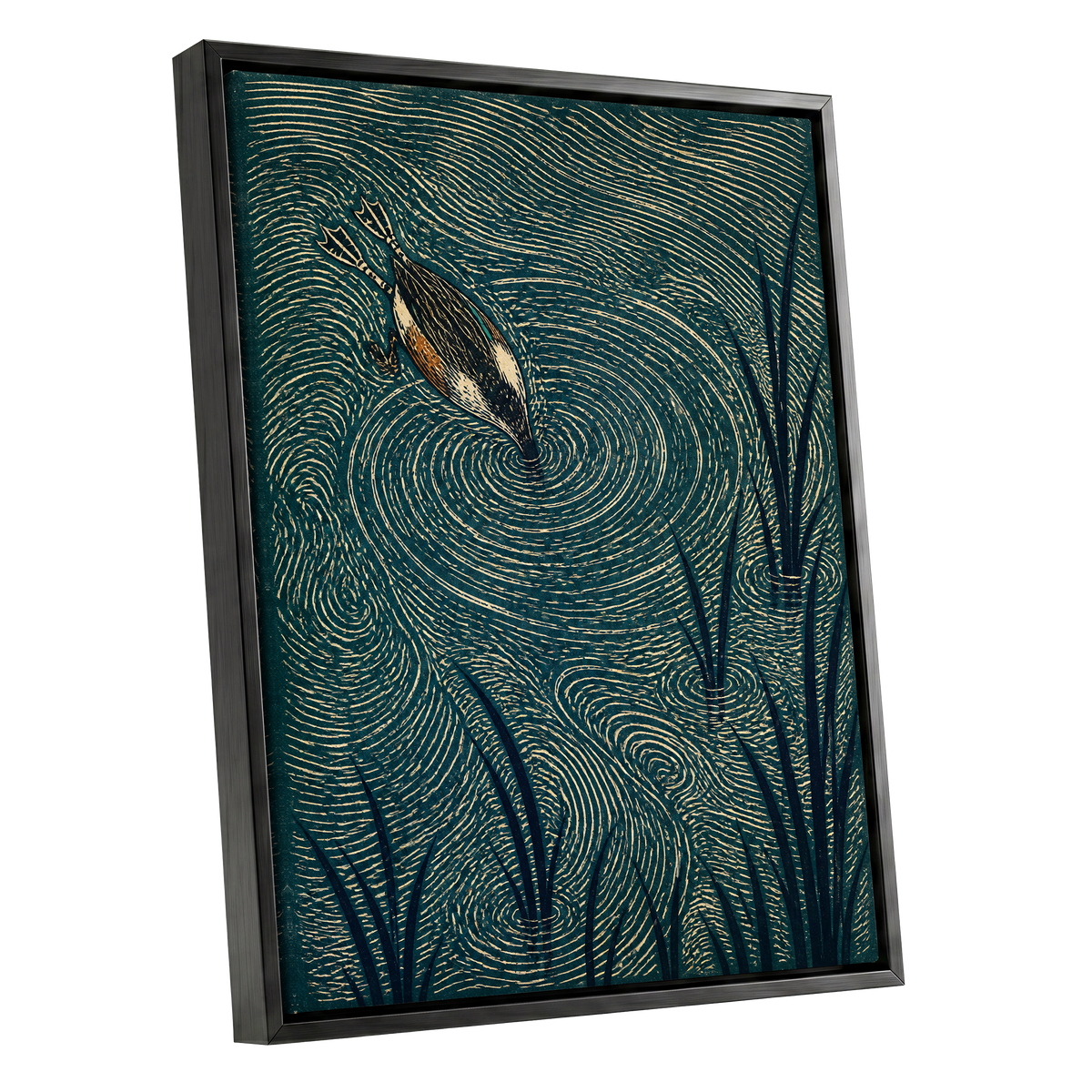 Reedwater Reverie, green, beige, black nature wall art shown as a black framed canvas wall art