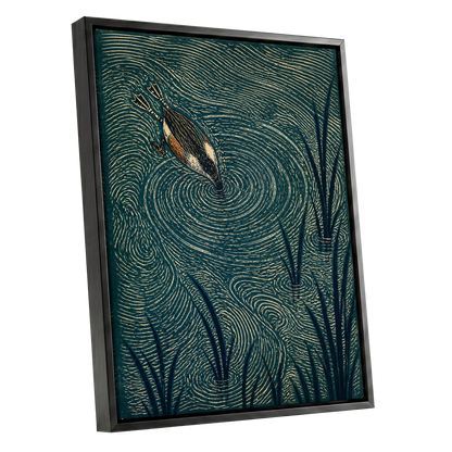 Reedwater Reverie, green, beige, black nature wall art shown as a black framed canvas wall art