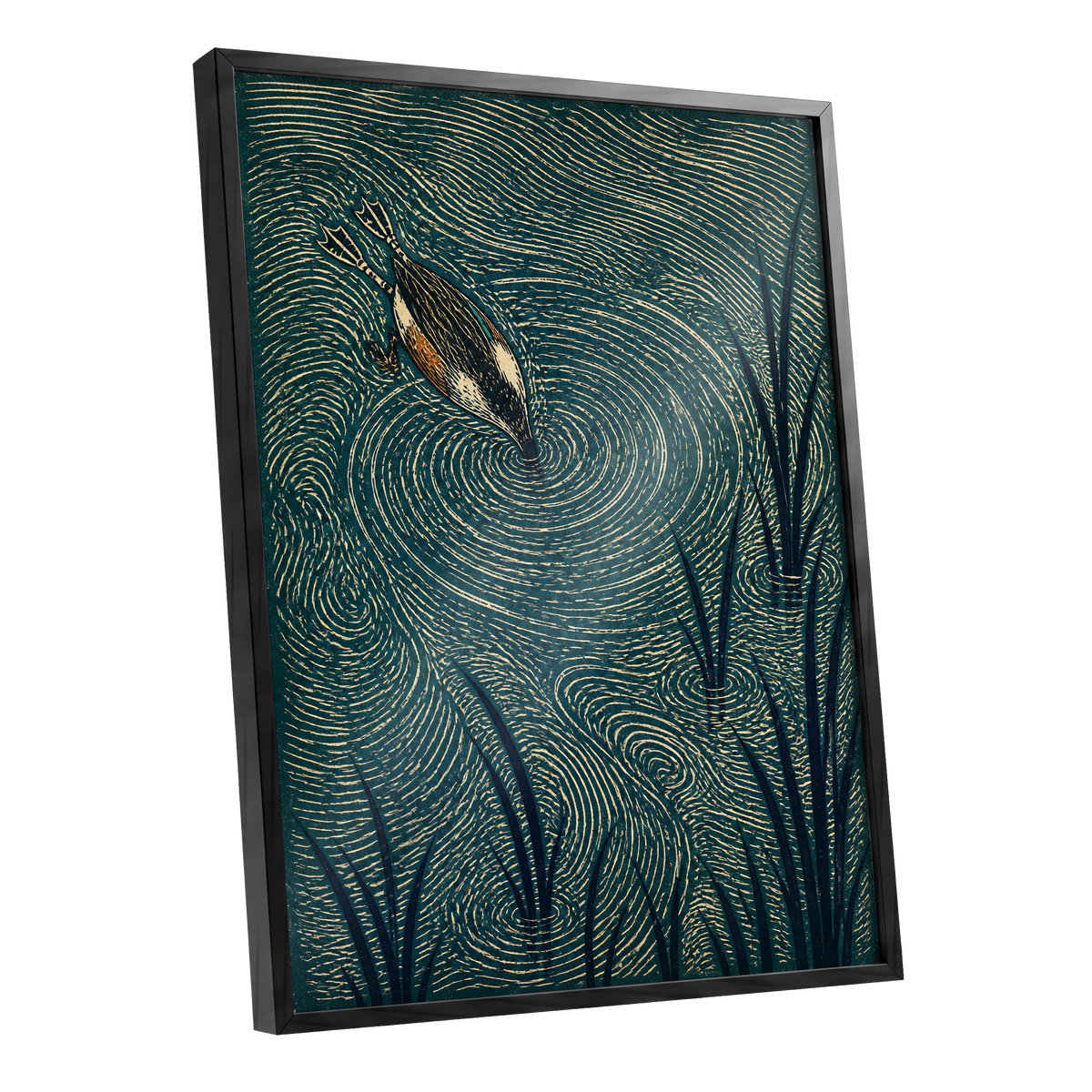 Reedwater Reverie, green, beige, black nature wall art shown as a black framed poster wall art print