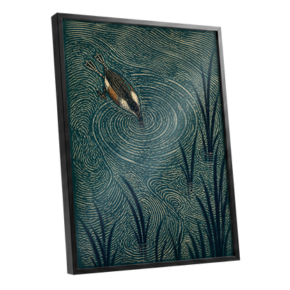 Reedwater Reverie, green, beige, black nature wall art shown as a black framed poster wall art print