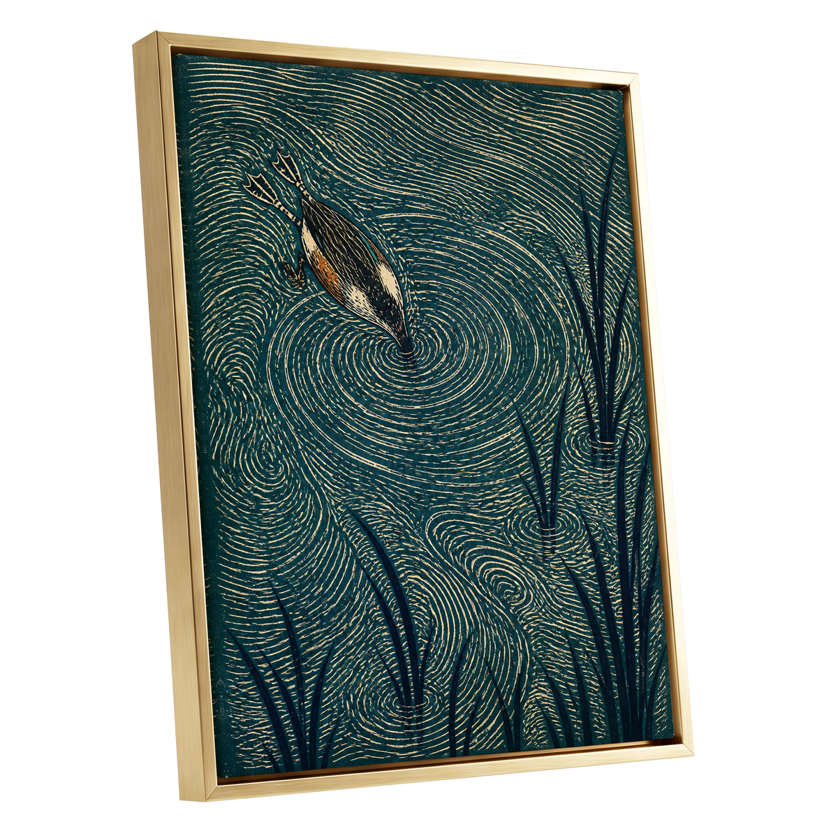 Reedwater Reverie, green, beige, black nature wall art shown as a gold framed canvas wall art