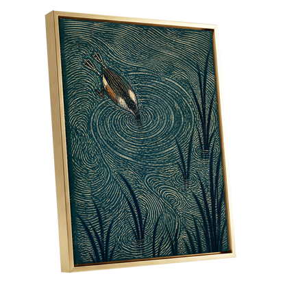 Reedwater Reverie, green, beige, black nature wall art shown as a gold framed canvas wall art