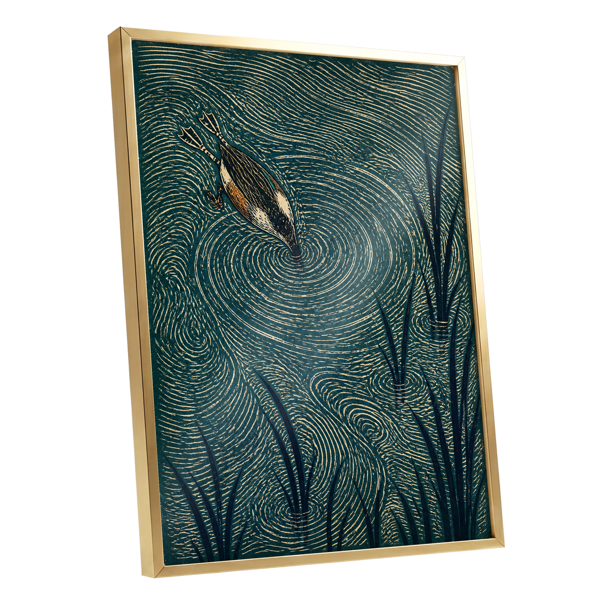 Reedwater Reverie, green, beige, black nature wall art shown as a gold framed poster wall art print