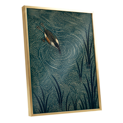 Reedwater Reverie, green, beige, black nature wall art shown as a gold framed poster wall art print