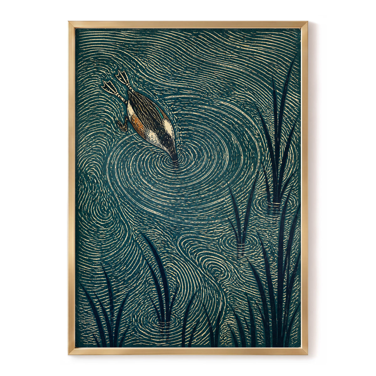 Reedwater Reverie, green, beige, black nature wall art, front artwork view