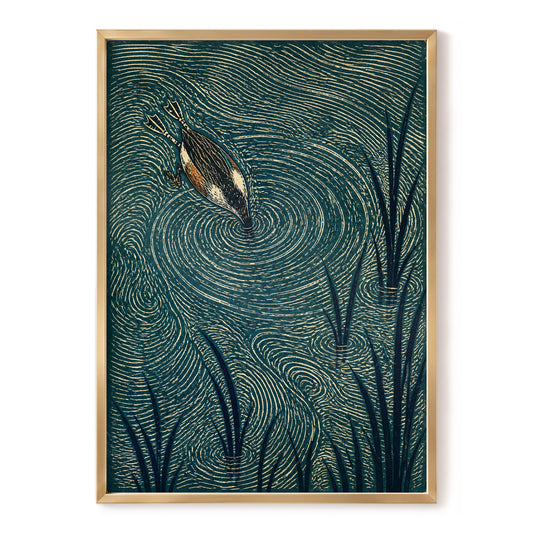 Reedwater Reverie, green, beige, black nature wall art, front artwork view