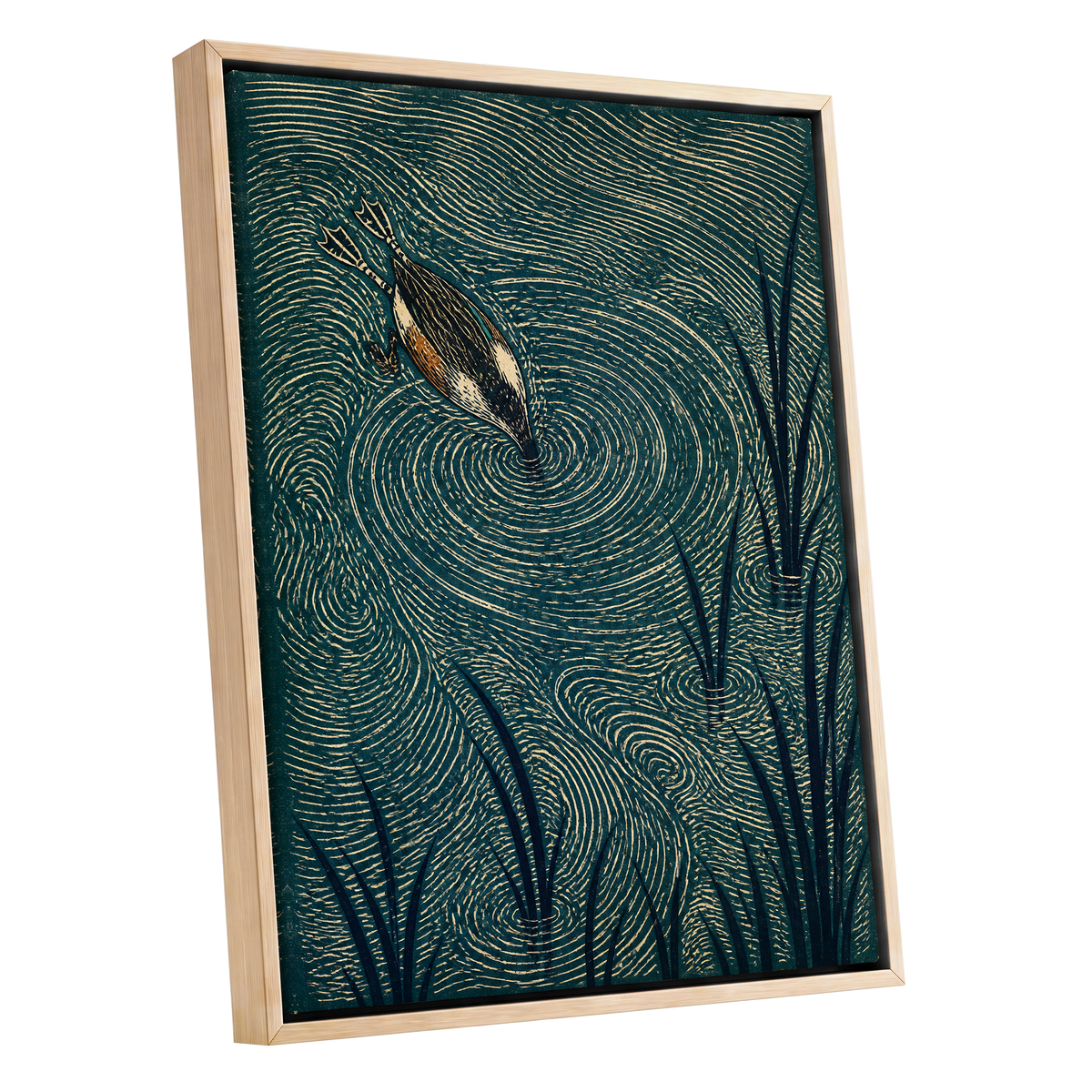 Reedwater Reverie, green, beige, black nature wall art shown as a oak framed canvas wall art